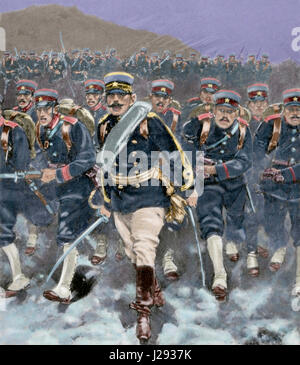 Russo-japanischer Krieg (1904-1905). Ladung der japanischen Infanterie. Gravur. "La Ilustracion Espanola y Americana"; 1904. farbige. Stockfoto