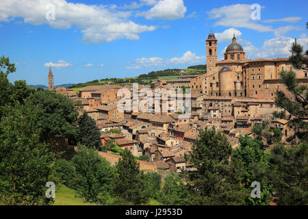 Ansicht von Urbino, mit den Dogenpalast, Palazzo Ducale und der Kathedrale, Marche, Italien Stockfoto