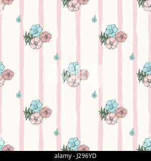 Sanfte Musterdesign Vektor. Exotische rosa und blauen Blumen auf gestreiften Hintergrund. Textil-design Stock Vektor