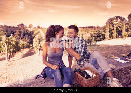 junges Paar Toasten in einem Weinberg Stockfoto