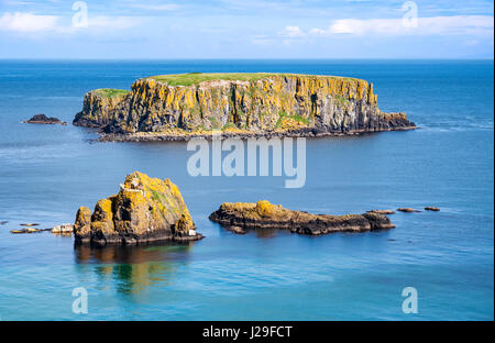 Die Schafe-Insel und zwei kleinere in der Nähe von Ballintoy, Carrick-a-Rede und Giant es Causeway, North Antrim Coast, County Antrim, Nordirland, Vereinigtes Königreich Stockfoto