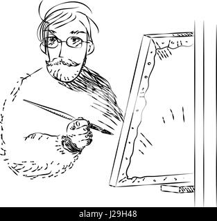 schwarz weiß Gravur Illustration der Maler bei der Arbeit Stock Vektor