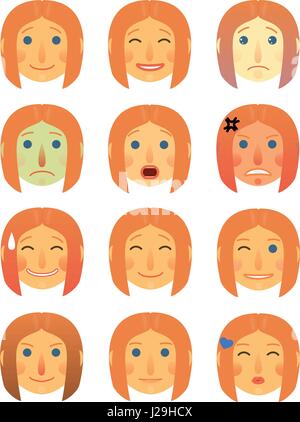 Mädchen oder eine Frau anderes Gesicht Emotionen Sammlung cartoon flach - Emoji Emoticons Icon Illustration-Set. Stehen Sie auf einem weißen Hintergrund isoliert. Stock Vektor