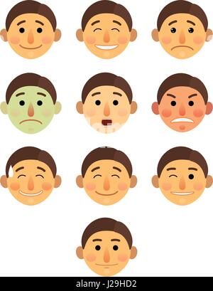 Junge oder Mann anderes Gesicht Emotionen Sammlung cartoon flach - Emoji Emoticons Symbolsatz Vektor Illustration. Stehen Sie auf einem weißen Hintergrund isoliert. Stock Vektor