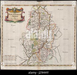 NOTTINGHAMSHIRE. von ROBERT MORDEN von Camdens Britannia. Farbige 1695 Karte Stockfoto