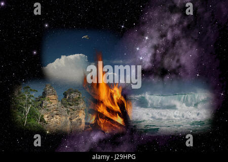 Die vier ursprünglichen Elemente wie sie von den alten griechischen Philosophen in den Äther definiert wurden: Erde, Wasser, Luft und Feuer. Stockfoto