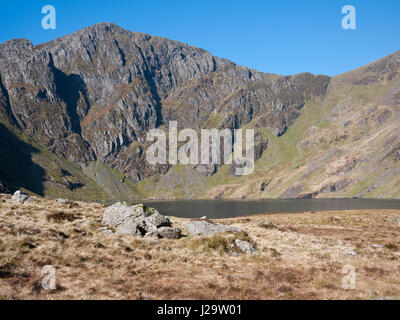 Die Klippen von Craig Cau Turm über den See Llyn Cau im Cwm Cau, unterhalb der Gipfel des Cadair Idris, im Snowdonia National Park, North Wales Stockfoto