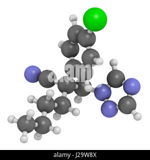 Myclobutanil antimykotische Molekül (Triazol-Klasse). 3D-Rendering. Atome sind als Kugeln mit konventionellen Farbcodierung vertreten: Wasserstoff (weiß), ca Stockfoto