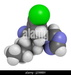 Myclobutanil antimykotische Molekül (Triazol-Klasse). 3D-Rendering. Atome sind als Kugeln mit konventionellen Farbcodierung vertreten: Wasserstoff (weiß), ca Stockfoto