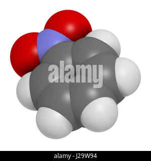 Nitrobenzene Lösungsmittel Molekül. 3D-Rendering. Atome sind als Kugeln mit konventionellen Farbcodierung vertreten: Wasserstoff (weiß), Kohlenstoff (grau), Sauerstoff Stockfoto