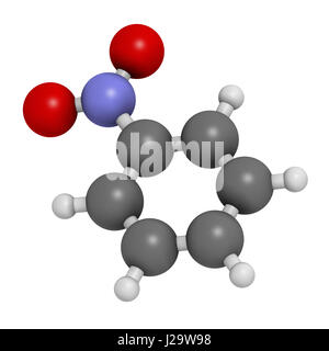 Nitrobenzene Lösungsmittel Molekül. 3D-Rendering. Atome sind als Kugeln mit konventionellen Farbcodierung vertreten: Wasserstoff (weiß), Kohlenstoff (grau), Sauerstoff Stockfoto