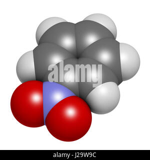 Nitrobenzene Lösungsmittel Molekül. 3D-Rendering. Atome sind als Kugeln mit konventionellen Farbcodierung vertreten: Wasserstoff (weiß), Kohlenstoff (grau), Sauerstoff Stockfoto