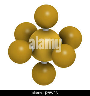 Schwefel Schwefelhexafluorid-Gas-Isolator-Molekül. Mikroblasen dienen als Kontrastmittel für Ultraschall-Bildgebung. Potentes Treibhausgas. 3D-Rendering. Atome Stockfoto