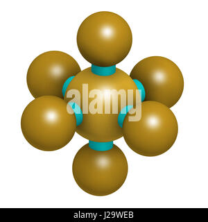 Schwefel Schwefelhexafluorid-Gas-Isolator-Molekül. Mikroblasen dienen als Kontrastmittel für Ultraschall-Bildgebung. Potentes Treibhausgas. 3D-Rendering. Atome Stockfoto