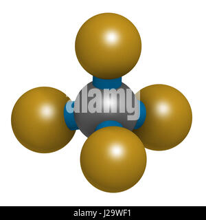 Tetrafluoromethane (Carbon Tetrafluoride, CF4) Gewächshaus-Gas-Molekül. 3D-Rendering. Atome sind als Kugeln mit konventionellen Farbcodierung vertreten: Stockfoto