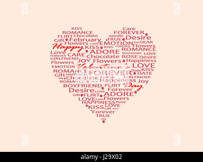 Wörter Typografie im Zusammenhang mit Valentinstag oder romantische Ereignis. Roter Text auf hellem Beige Hintergrund. Stockfoto