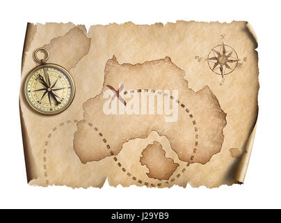 alte Weltkarte mit Kompass isoliert 3D-Illustration Stockfoto