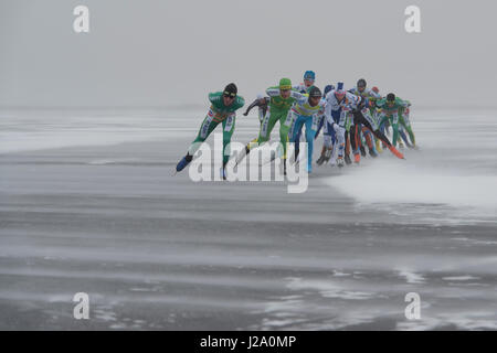 Unter sibirischen "Bedingungen (selten in den Niederlanden) ein Marathon skating Wettbewerb organisiert wurde." Stockfoto