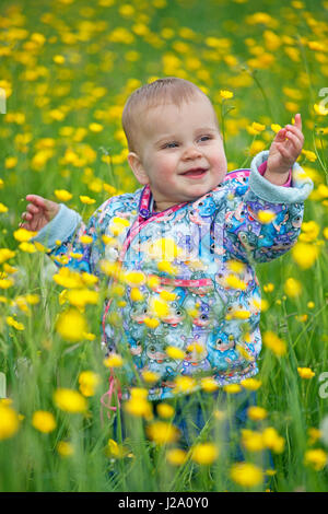 Foto eines Mädchens zwischen Butterblumen Stockfoto