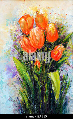 Original Ölgemälde zeigen orange Tulpe Blumen Blumenstrauß. der Gattung der, Knollenpflanzen in die Lilie Familie. Moderne Impressionismus, moderne, Mar Stockfoto