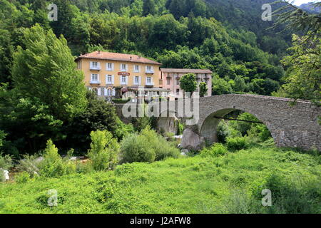 Steinerne Brücke von La Brigue, Alpes-Maritimes, 06, Vallee de La Roya, Parc National Du Mercantour, PACA, Frankreich Stockfoto