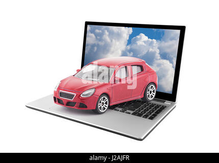 Spielzeugauto auf Laptop isoliert auf weißem Hintergrund Stockfoto