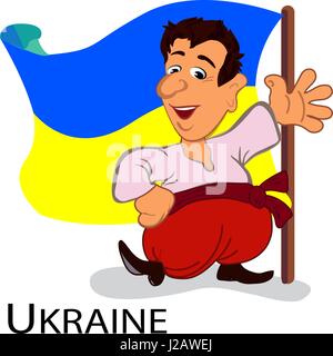 Ukrainischen Mann in ihrer Tracht. Einen fröhlichen Charakter. Schwarzer Text Ukraine. Stock Vektor