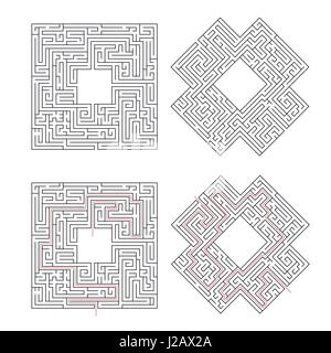 Komplizierte Labyrinthe mit roten Pfad Lösung isoliert auf weiss Stock Vektor
