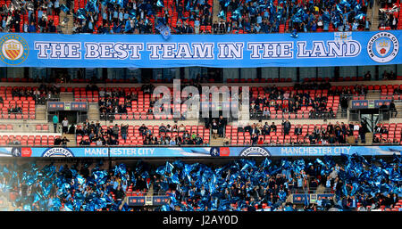 Ein Manchester City-Banner auf der Tribüne liest "The Best In The Land-team" Stockfoto