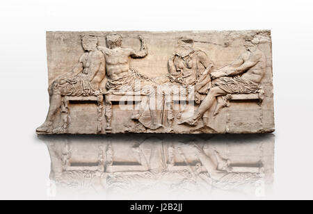 Releif Marmorskulpturen aus dem Osten Fries rund um den Parthenon Block IV 24-27. Aus dem Parthenon von der Akropolis in Athen. Eine britische Museum Ausstel- Stockfoto