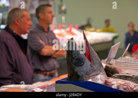 Fisch stand auf Mercat de L´Olivar in Palma De Mallorca, Spanien Stockfoto