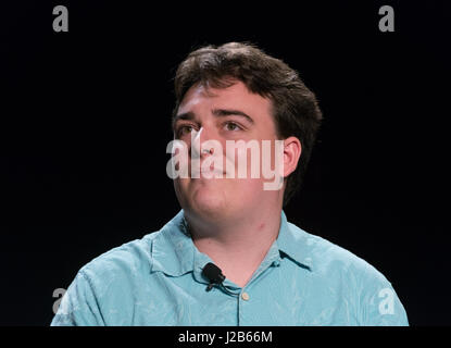 Oculus Gründer Palmer Luckey während einer Podiumsdiskussion zum Thema Virtual Reality auf der Silicon Valley virtuelle Realität Expo 18. Mai 2015 in San Jose, Kalifornien. Stockfoto