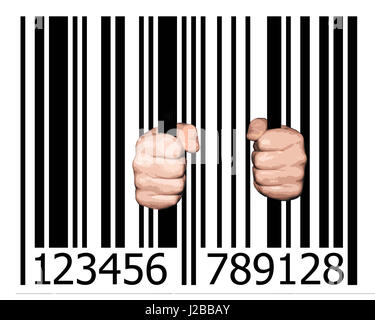 Hände halten Barcode Streifen als Gefängnis Balken, 3d illustration Stockfoto