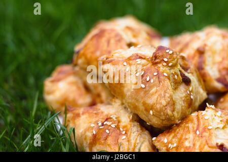 Hausgemachte Pasty mit Hackfleisch-Fleisch-Füllung, mit Sesam bestreut und serviert im Freien an einem sonnigen Tag Stockfoto