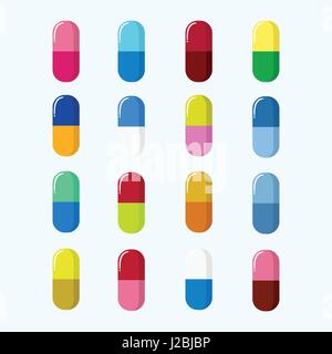 Reihe von Pillen, Kapseln bunten Vektor-Illustration. Isolated on White Stock Vektor