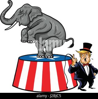 Donald Trump und republikanische Elefant. Cartoon, Karikatur-Vektor-Illustration Stock Vektor