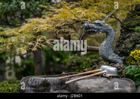 Die meisten japanischen Tempeln und Schreinen bieten Brunnen für die Reinigung der Mund und die Hände vor dem Gebet. Drachen sind eine häufige Anwesenheit in dieser chozuya Stockfoto