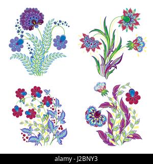 Vektor isoliert Stickerei Blumen Dekorationen Satz. Vintage Stickerei Stickerei Fantasie Blumen auf weißem Hintergrund. Schöne Stickerei floral isoliert dekorative Elemente Stock Vektor