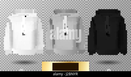 Hoody Satz. Realistische Nachbildung. Lange Ärmel hoody Vorlage auf transparenten Hintergrund. Weiße, schwarze und graue version Stock Vektor