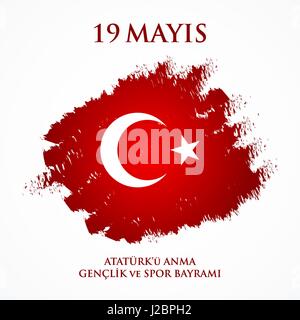 19 Mayis Ataturk'u Anma Genclik Ve Spor Bayrami. Übersetzung aus dem türkischen: 19. Mai Gedenken an Atatürk, Jugend und Sport Tag. Stock Vektor