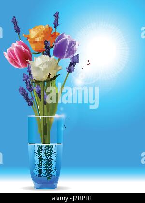 3D Abbildung einer Reihe von Rosen Tulpen und Lavendel in einer Glasvase auf sonnigen blauen Himmel Stock Vektor