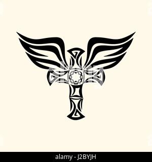 Gothic und Tattoo Marken. Christliche Symbole. Kreuz und Heiligen Geistes Flügeln. Stock Vektor