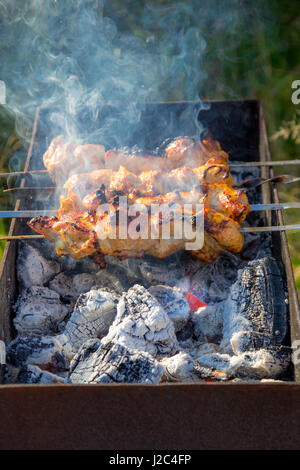 Braten von Schaschlik und gegrillten Würstchen auf dem Grill über glühende Kohlen Stockfoto