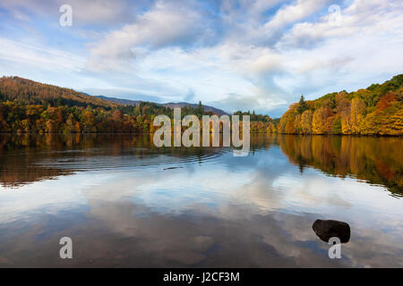 Wellen in einem ruhigen, Spiegel wie See, umgeben von Bäumen in der Nachmittagssonne beleuchtet. Pitlochry, Perthshire, Schottisches Hochland, Schottland Stockfoto