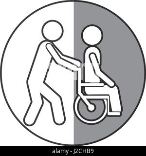 kreisförmigen Rahmen Schattierung mit Silhouette Person hilft ein weiterer Stoß einen Rollstuhl Stock Vektor
