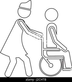 Silhouette Krankenschwester helfen, eine andere Person, die einen Rollstuhl schieben Stock Vektor