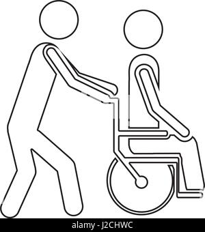 Silhouette Person hilft einem anderen einen Rollstuhl schieben Stock Vektor