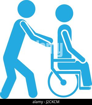 Farbe Silhouette Person hilft ein anderes schieben eines Rollstuhls Stock Vektor