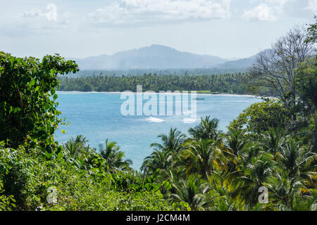 Kabupaten Halmahera Utara, Indonesien, Maluku Utara Blick durch Palmen auf das Meer am nördlichen Molikken Stockfoto