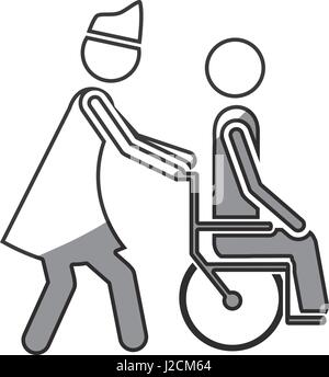 Graustufen-Silhouette mit Krankenschwester helfen, eine andere Person, die einen Rollstuhl schieben Stock Vektor